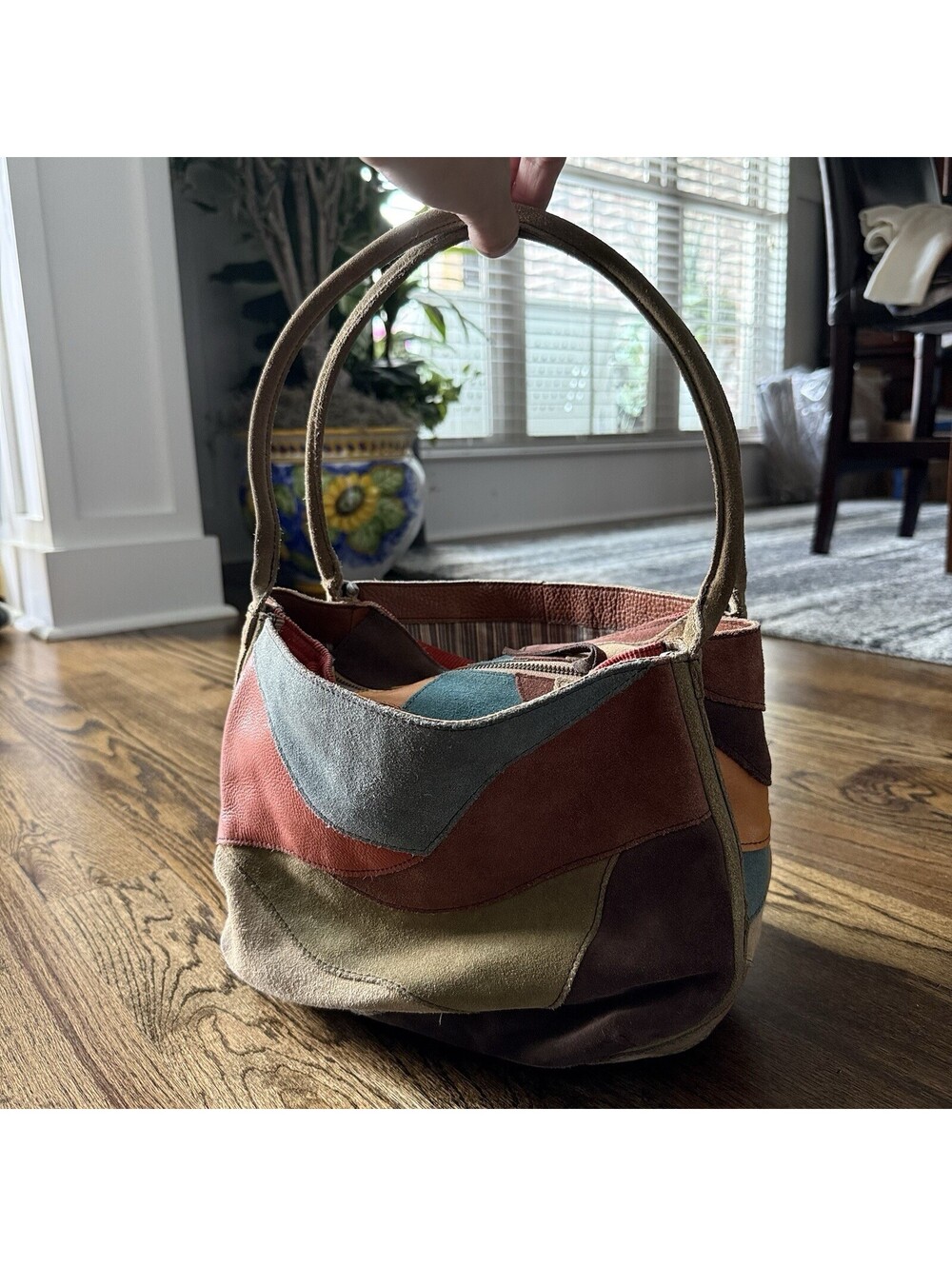 Lucky Brand Y2K Suede Leather Patchwork Hobo Bag Multicolor Boho Purse Rare - Picture 6 of 14